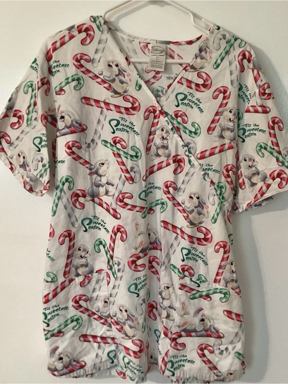 Disney White Scrub Top with Red, Green & Gray Candy Cane Print Thumper Size L